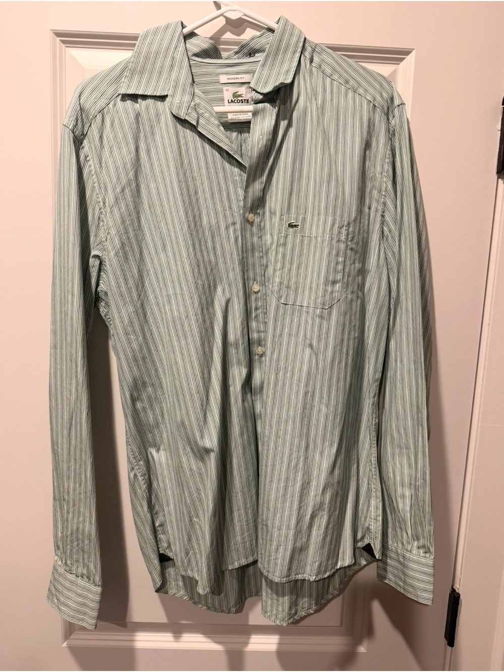 Lacoste Men's Light Green and Charcoal Striped Dress Shirt